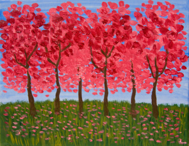 Painting titled "Crimson trees" by Irina Afonskaya, Original Artwork, Oil Mounted on Wood Stretcher frame