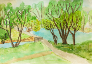 Картина под названием "Trees and lake" - Irina Afonskaya, Подлинное произведение искусства, Акварель