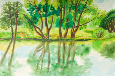 Картина под названием "Willow trees with r…" - Irina Afonskaya, Подлинное произведение искусства, Акварель