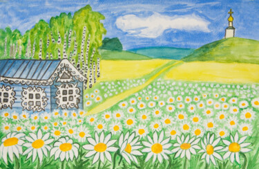 Painting titled "House with camomile…" by Irina Afonskaya, Original Artwork, Watercolor