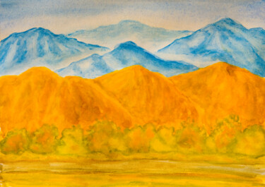 Painting titled "Blue and yellow hil…" by Irina Afonskaya, Original Artwork, Watercolor