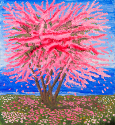 Ζωγραφική με τίτλο "Pink cercis tree ne…" από Irina Afonskaya, Αυθεντικά έργα τέχνης, Λάδι