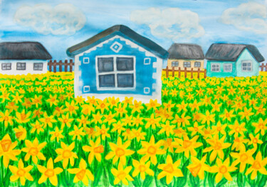 Malarstwo zatytułowany „House with daffodil…” autorstwa Irina Afonskaya, Oryginalna praca, Akwarela