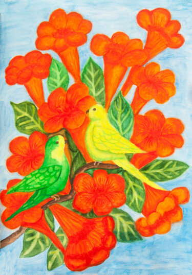 Malarstwo zatytułowany „Two little parrots…” autorstwa Irina Afonskaya, Oryginalna praca, Akwarela