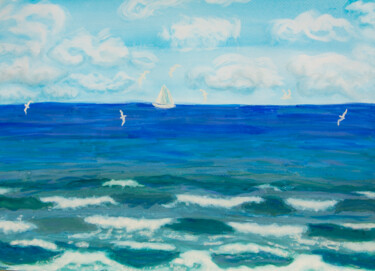 Painting titled "Seascape with white…" by Irina Afonskaya, Original Artwork, Watercolor