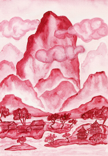 Pittura intitolato "Crimson hills verti…" da Irina Afonskaya, Opera d'arte originale, Acquarello