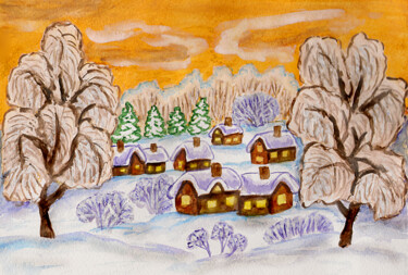 Painting titled "Winter landscape on…" by Irina Afonskaya, Original Artwork, Watercolor