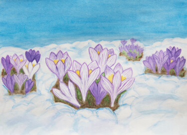Картина под названием "Crocuses on snow" - Irina Afonskaya, Подлинное произведение искусства, Акварель