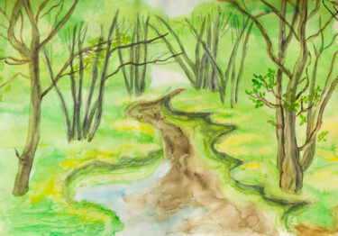 Painting titled "River in forest" by Irina Afonskaya, Original Artwork, Watercolor