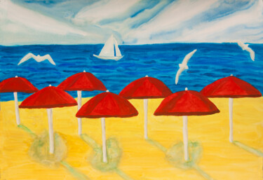 Schilderij getiteld "Seascape with red u…" door Irina Afonskaya, Origineel Kunstwerk, Aquarel