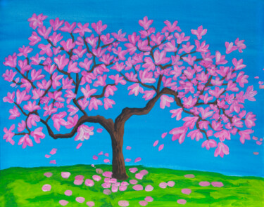 Schilderij getiteld "Magnolia tree in bl…" door Irina Afonskaya, Origineel Kunstwerk, Acryl Gemonteerd op Karton