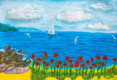 Peinture intitulée "Red poppies near se…" par Irina Afonskaya, Œuvre d'art originale, Aquarelle