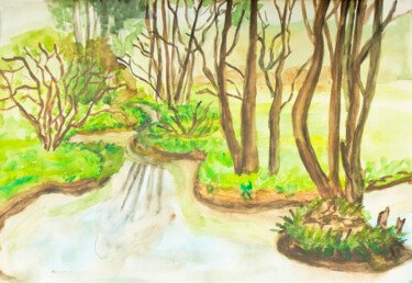 Pintura intitulada "Trees near river" por Irina Afonskaya, Obras de arte originais, Aquarela