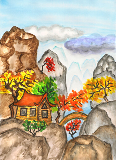 Painting titled "House in hills China" by Irina Afonskaya, Original Artwork, Watercolor