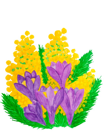 Painting titled "Crocuses and mimosa" by Irina Afonskaya, Original Artwork, Watercolor