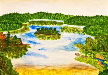Painting titled "Lake with island" by Irina Afonskaya, Original Artwork, Watercolor