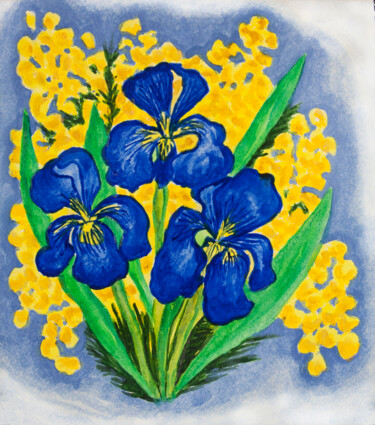 Painting titled "Blue irises and mim…" by Irina Afonskaya, Original Artwork, Watercolor