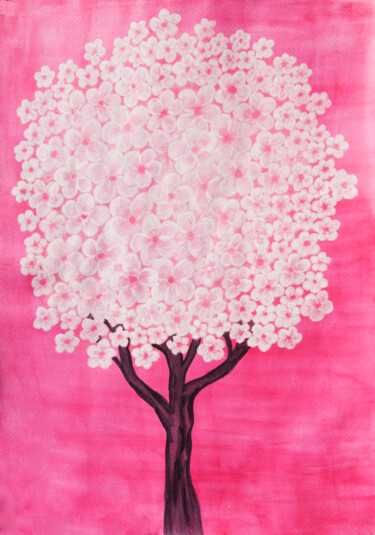Schilderij getiteld "Tree with white flo…" door Irina Afonskaya, Origineel Kunstwerk, Aquarel