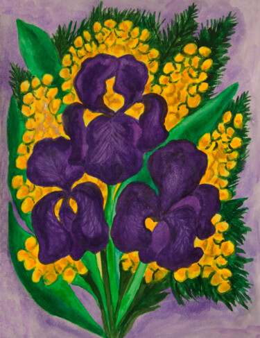 Painting titled "Violet irises and m…" by Irina Afonskaya, Original Artwork, Watercolor