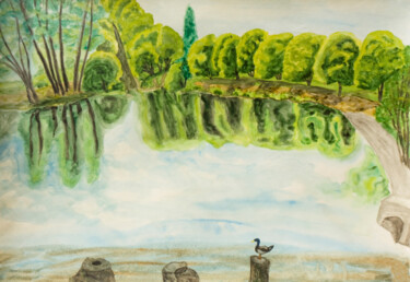 Painting titled "Lake with trees in…" by Irina Afonskaya, Original Artwork, Watercolor