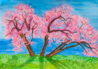 Картина под названием "Cercis trees near s…" - Irina Afonskaya, Подлинное произведение искусства, Акварель