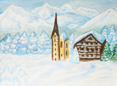 Schilderij getiteld "House in hills wint…" door Irina Afonskaya, Origineel Kunstwerk, Aquarel