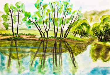 Malerei mit dem Titel "Trees near lake in…" von Irina Afonskaya, Original-Kunstwerk, Aquarell