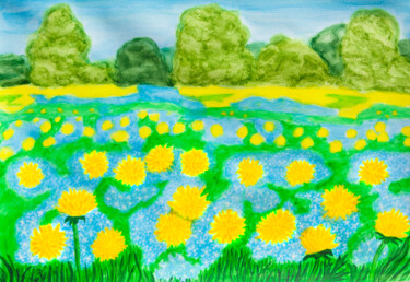 Картина под названием "Yellow dandelions a…" - Irina Afonskaya, Подлинное произведение искусства, Акварель