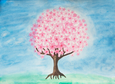 Ζωγραφική με τίτλο "Spring tree with pi…" από Irina Afonskaya, Αυθεντικά έργα τέχνης, Ακουαρέλα