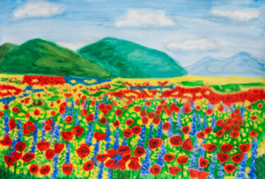 Painting titled "Meadow with red pop…" by Irina Afonskaya, Original Artwork, Watercolor