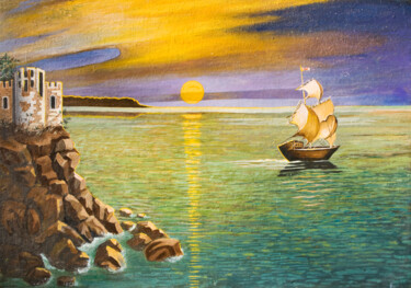 Schilderij getiteld "Seascape with saili…" door Irina Afonskaya, Origineel Kunstwerk, Olie