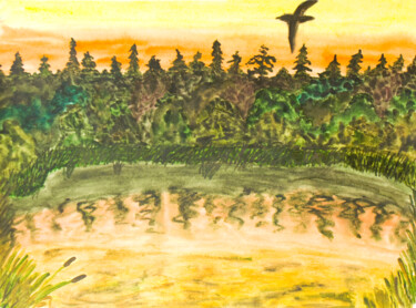 Schilderij getiteld "Sunset,lake and for…" door Irina Afonskaya, Origineel Kunstwerk, Aquarel