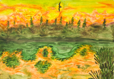 Картина под названием "Sunset,lake and for…" - Irina Afonskaya, Подлинное произведение искусства, Акварель