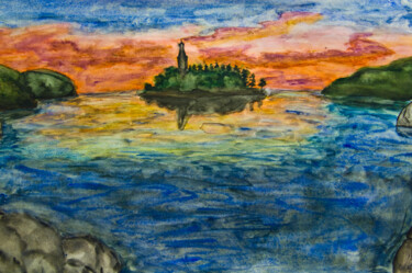 Painting titled "Island with sunset" by Irina Afonskaya, Original Artwork, Watercolor