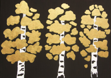 Schilderij getiteld "Golden birches on b…" door Irina Afonskaya, Origineel Kunstwerk, Acryl Gemonteerd op Frame voor houten…