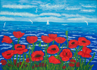 Pintura titulada "Red poppies on sea…" por Irina Afonskaya, Obra de arte original, Acrílico Montado en Bastidor de camilla d…