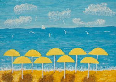 Pintura titulada "Seascape with yello…" por Irina Afonskaya, Obra de arte original, Acrílico Montado en Bastidor de camilla…