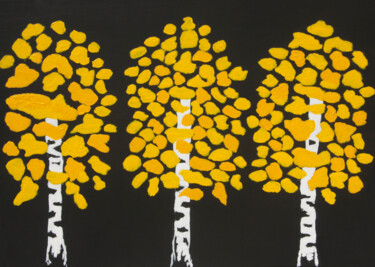 Ζωγραφική με τίτλο "Three yellow birche…" από Irina Afonskaya, Αυθεντικά έργα τέχνης, Ακρυλικό Τοποθετήθηκε στο Ξύλινο φορεί…
