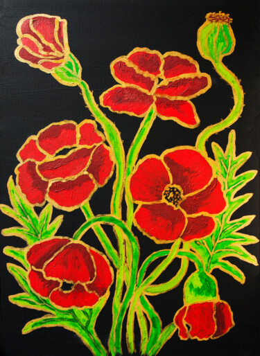 Painting titled "Red poppies with go…" by Irina Afonskaya, Original Artwork, Acrylic Mounted on Wood Stretcher frame