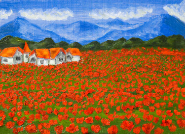 Ζωγραφική με τίτλο "Meadow with red pop…" από Irina Afonskaya, Αυθεντικά έργα τέχνης, Λάδι Τοποθετήθηκε στο Χαρτόνι