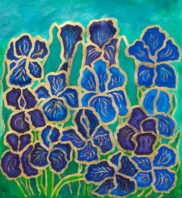 Картина под названием "Blue irises with go…" - Irina Afonskaya, Подлинное произведение искусства, Акрил