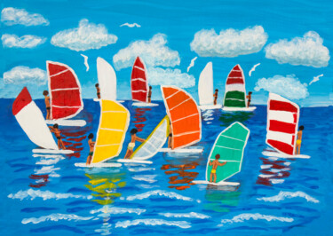 Painting titled "Windsurfing" by Irina Afonskaya, Original Artwork, Acrylic Mounted on Wood Stretcher frame