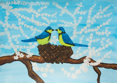 Картина под названием "Two birds on nest w…" - Irina Afonskaya, Подлинное произведение искусства, Акварель