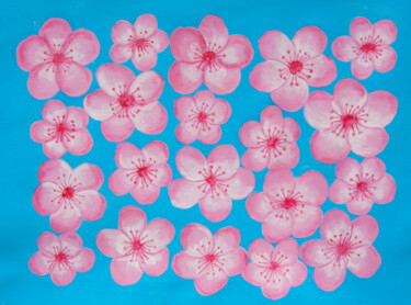 Schilderij getiteld "Pink flowers on blue" door Irina Afonskaya, Origineel Kunstwerk, Acryl