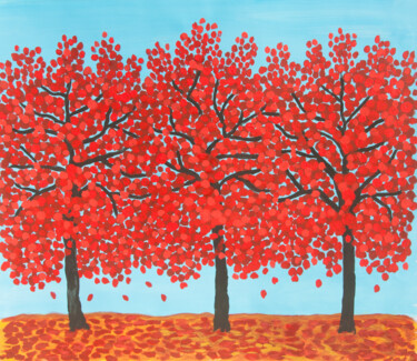 Schilderij getiteld "Red trees on blue s…" door Irina Afonskaya, Origineel Kunstwerk, Acryl
