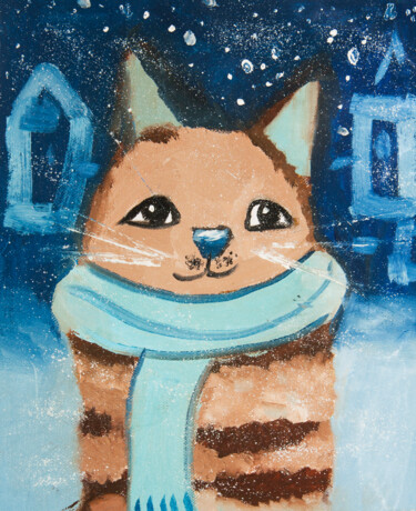 제목이 "Funny cat in winter"인 미술작품 Irina Afonskaya로, 원작, 구아슈