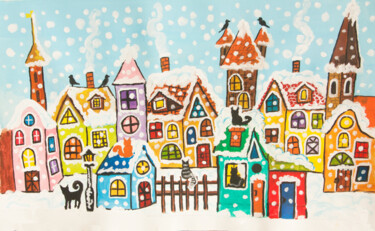 Pintura intitulada "Fairy winter town" por Irina Afonskaya, Obras de arte originais, Acrílico