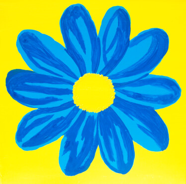 Painting titled "Blue flower on yell…" by Irina Afonskaya, Original Artwork, Acrylic Mounted on Wood Stretcher frame
