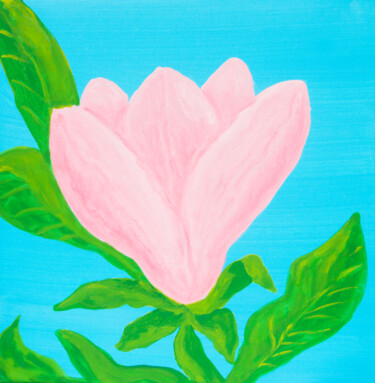 Painting titled "Pink magnolia on bl…" by Irina Afonskaya, Original Artwork, Acrylic Mounted on Wood Stretcher frame
