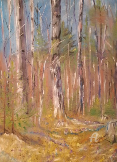 Dessin intitulée "Весенний день в лес…" par Irina Androsova, Œuvre d'art originale, Pastel